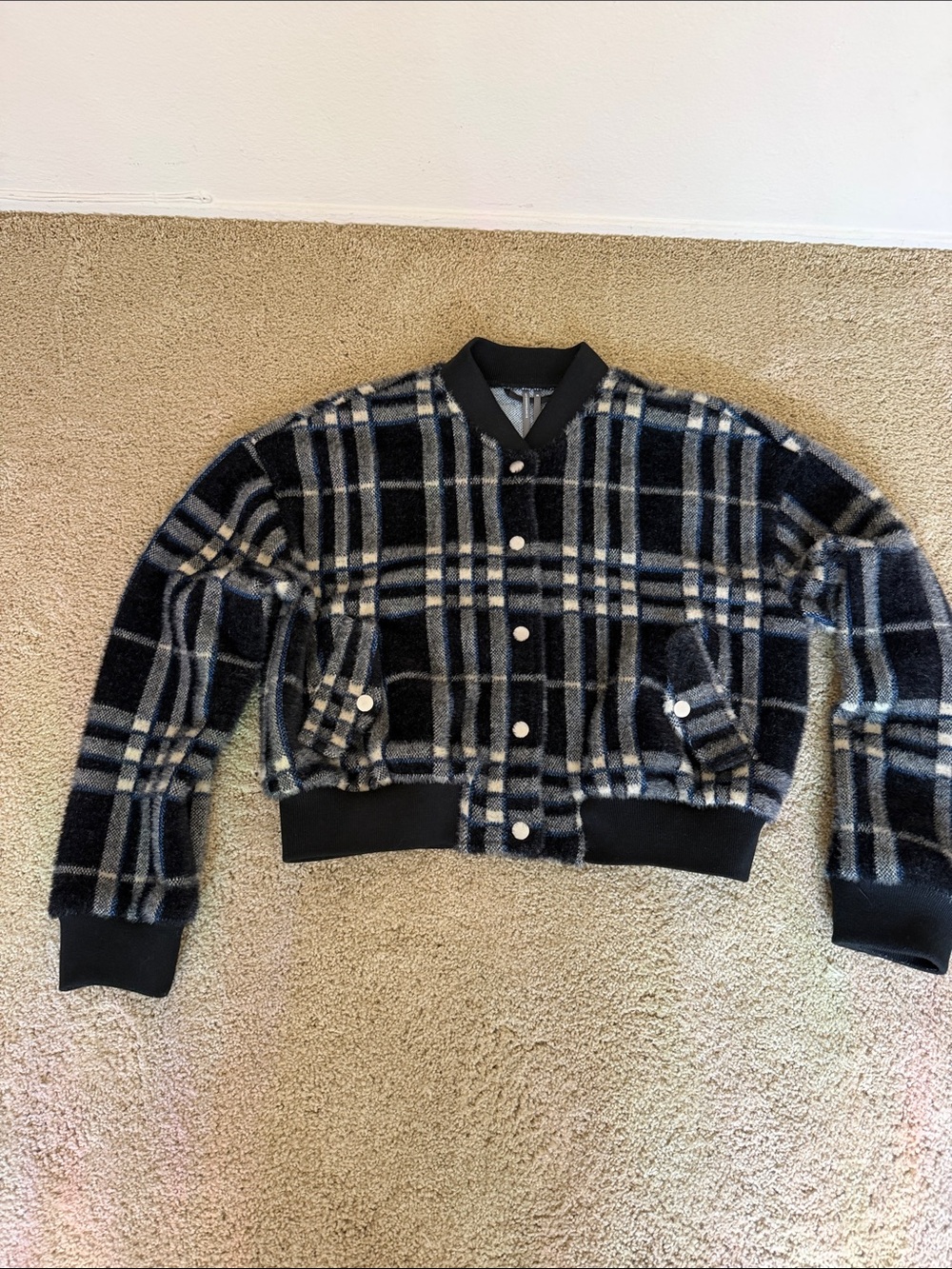 Anthropologie Black & Gray Plaid Bomber Jacket